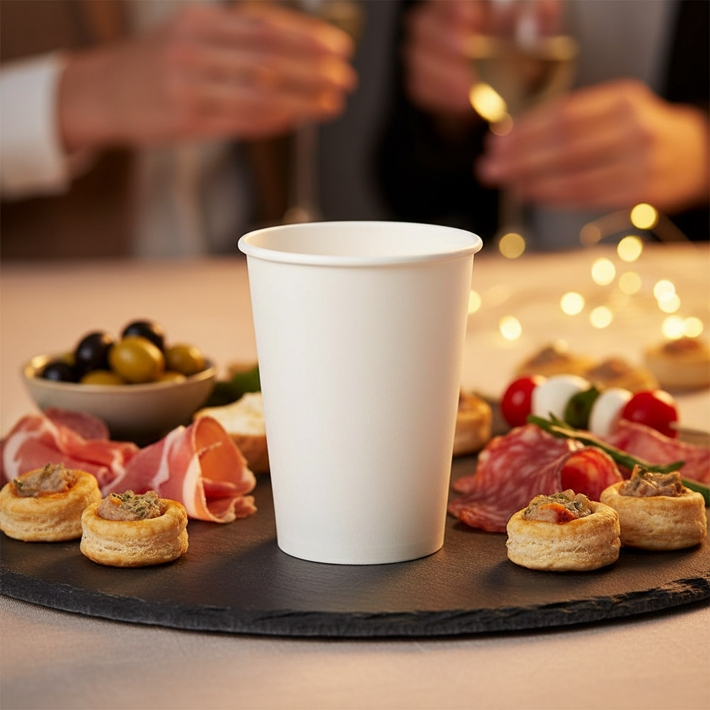 Grand gobelet carton blanc 45cl sur ardoise avec apéritif élégant