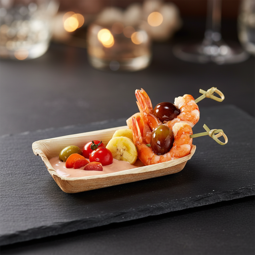 Coupelle palmier rectangulaire crevettes brochette apéritif