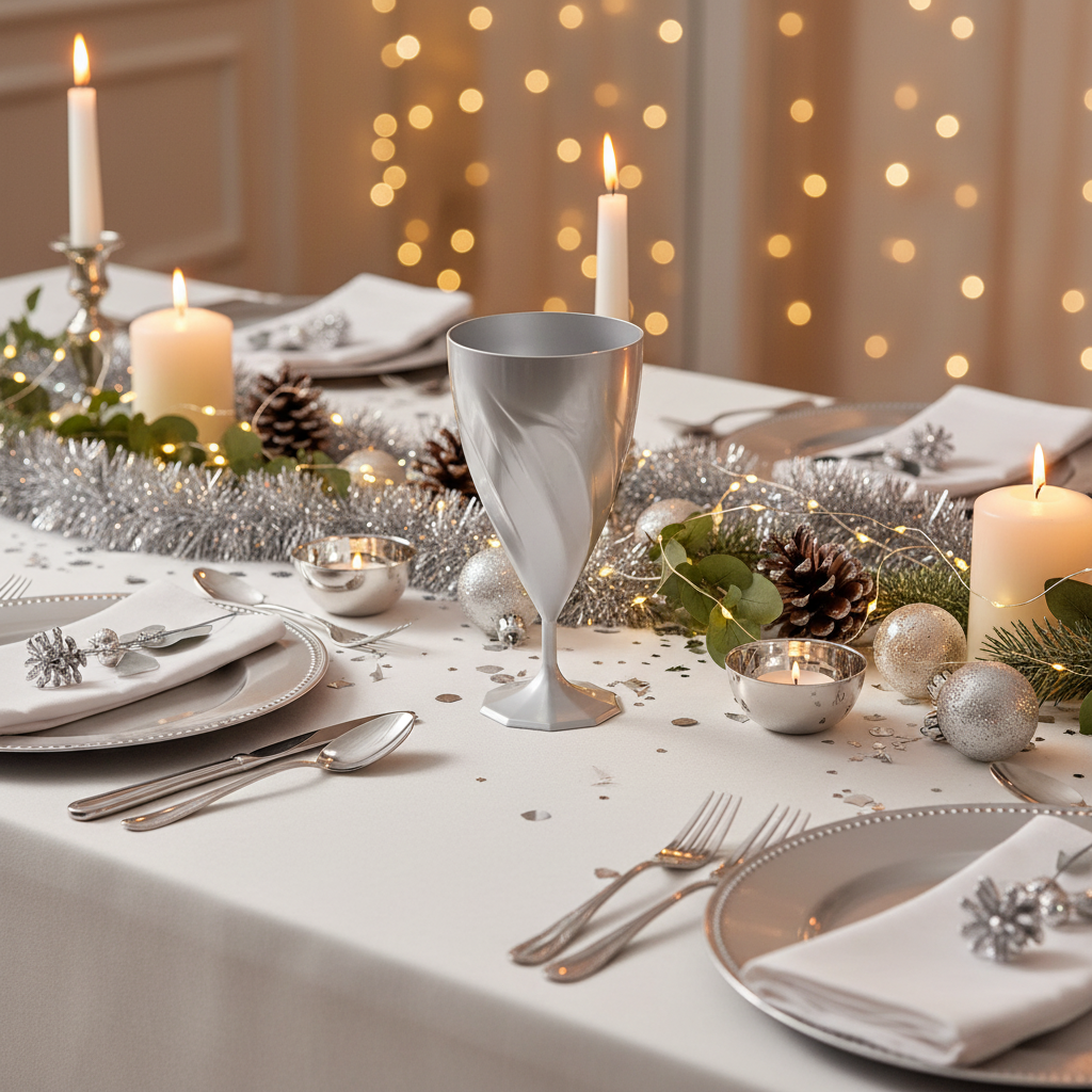 Verre à eau torsadé argent 20cl sur buffet festif avec décorations de Noël