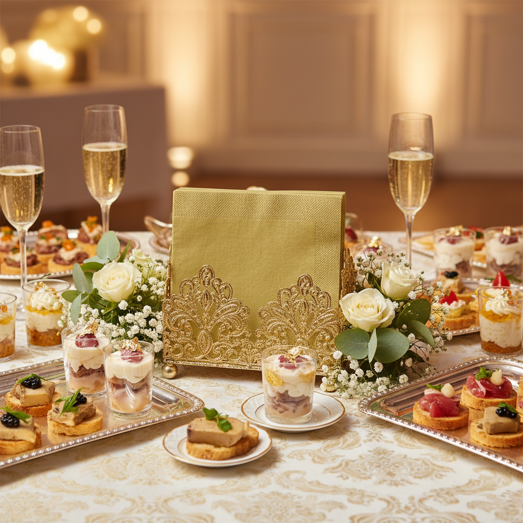 Serviette or intissée dans un buffet festif gala blanc et or