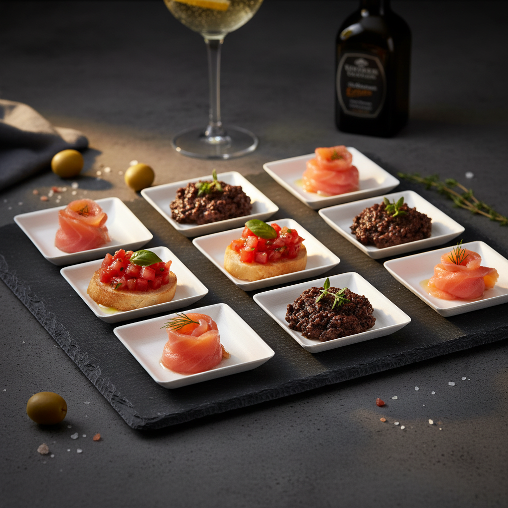 Mini assiettes carrées fibre végétale sur ardoise avec apéritif élégant