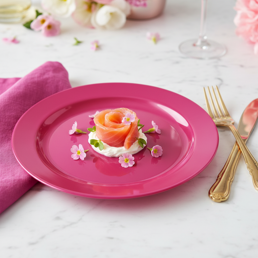 Assiette ronde rose magenta 19 cm avec rose de saumon fumé et fleurs comestibles sur marbre, bachelorette