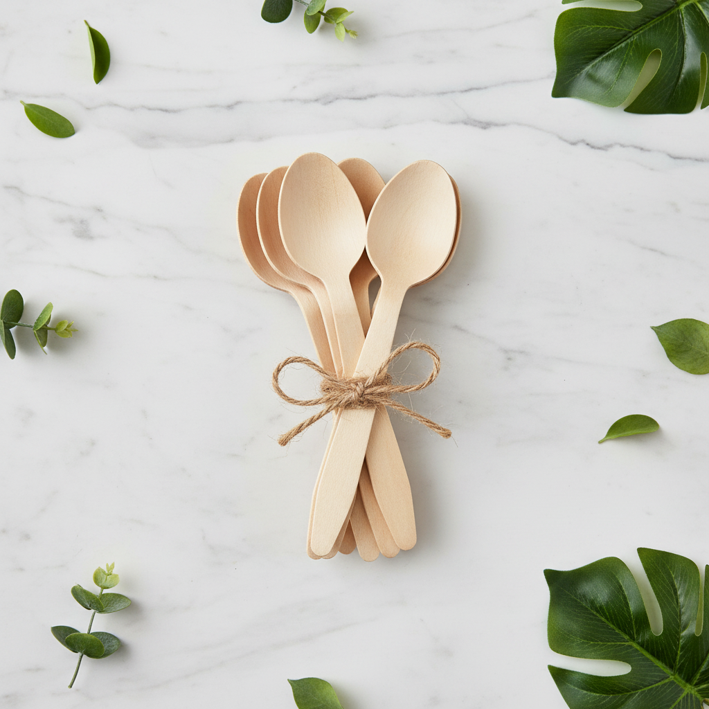 Cuillères bois bouleau en fagot marbre flat lay