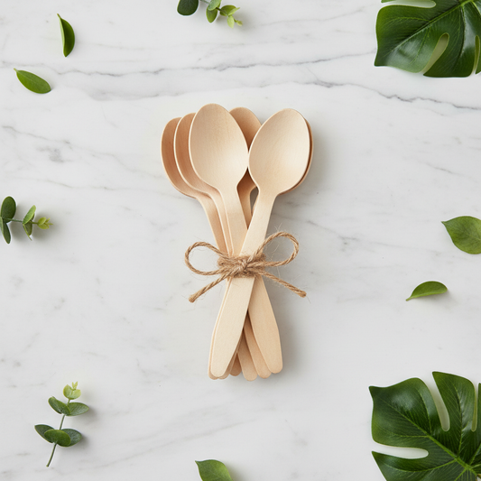 Cuillères bois bouleau en fagot marbre flat lay