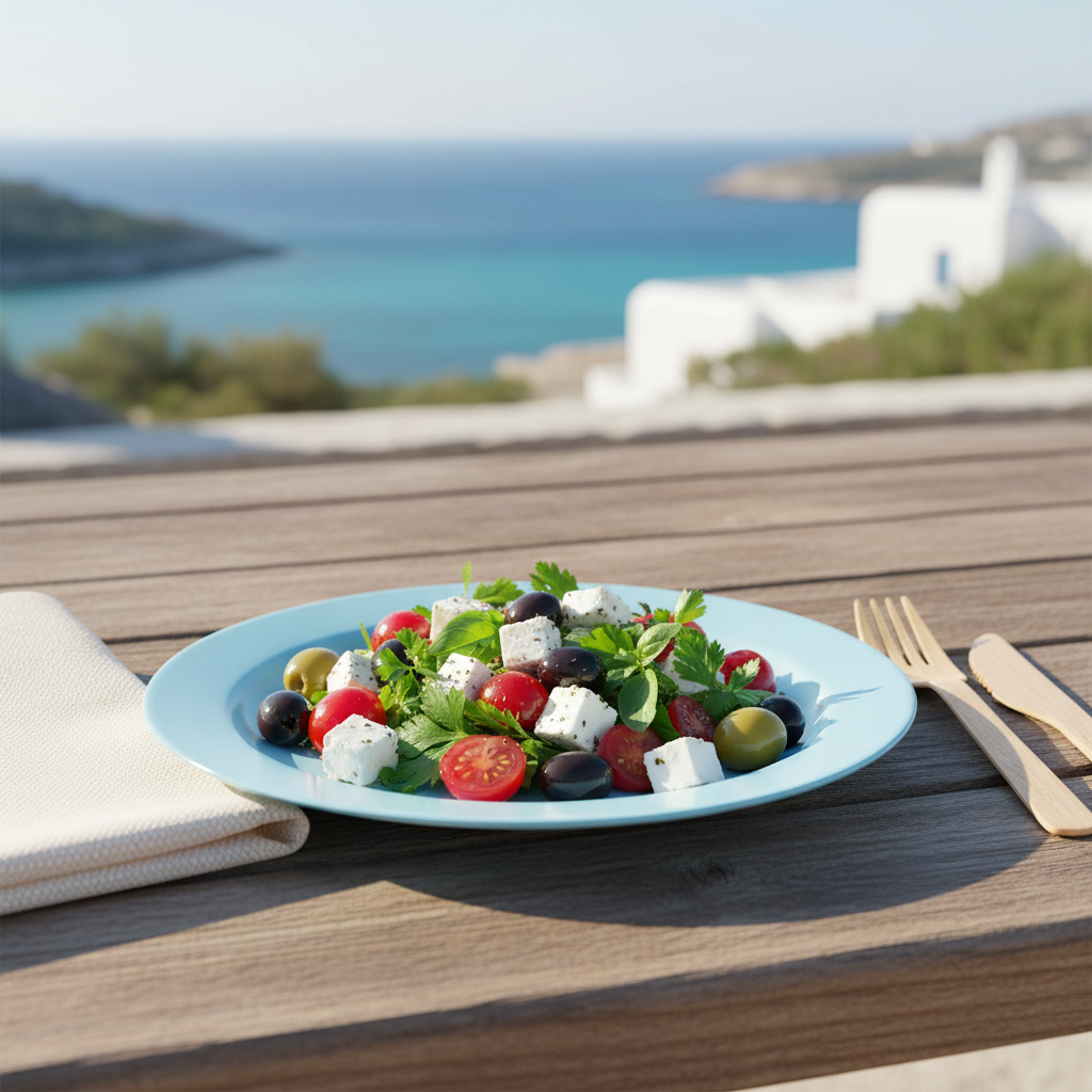 Assiette ronde bleu ciel 24 cm avec salade méditerranéenne féta et olives, déjeuner côtier outdoor