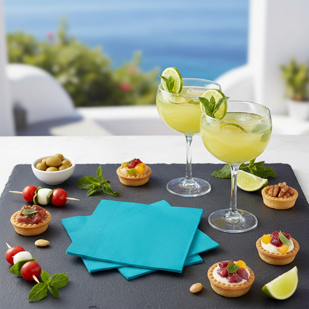 Serviette turquoise 33cm biodégradable - mise en situation apéritif ardoise