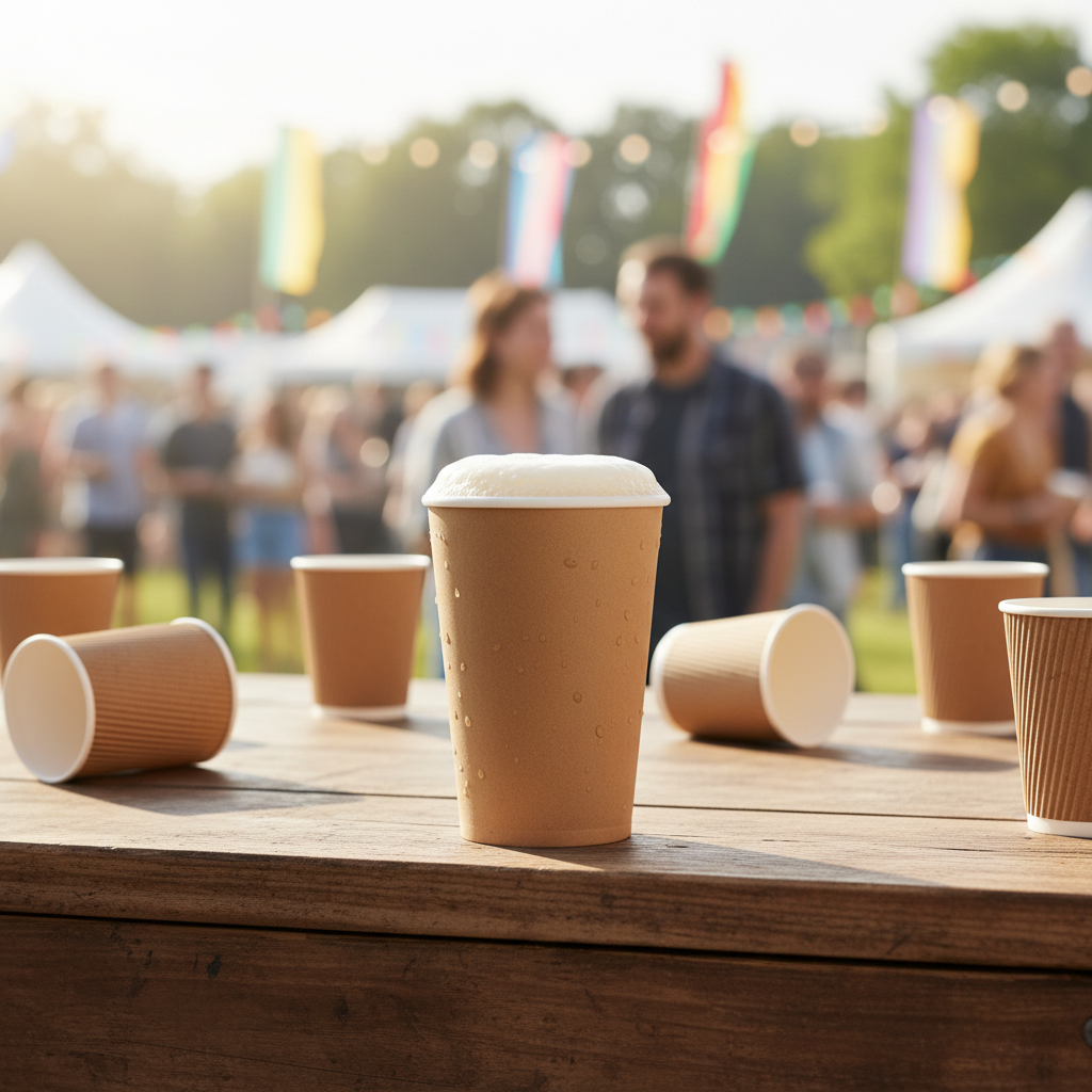 Gobelet carton kraft brun 30/35cl rempli de bière sur comptoir de festival