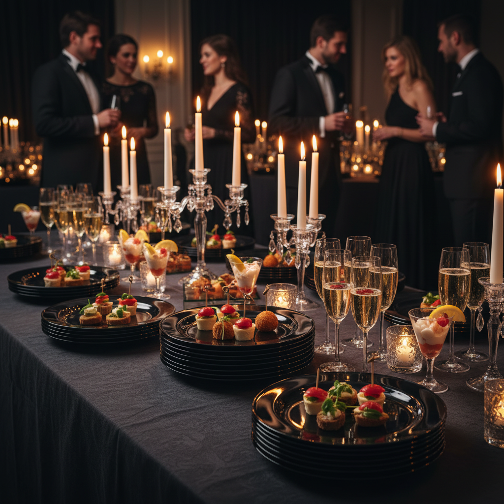 Assiettes rondes noir ébène 19 cm sur buffet festif black-tie avec champagne et bougies