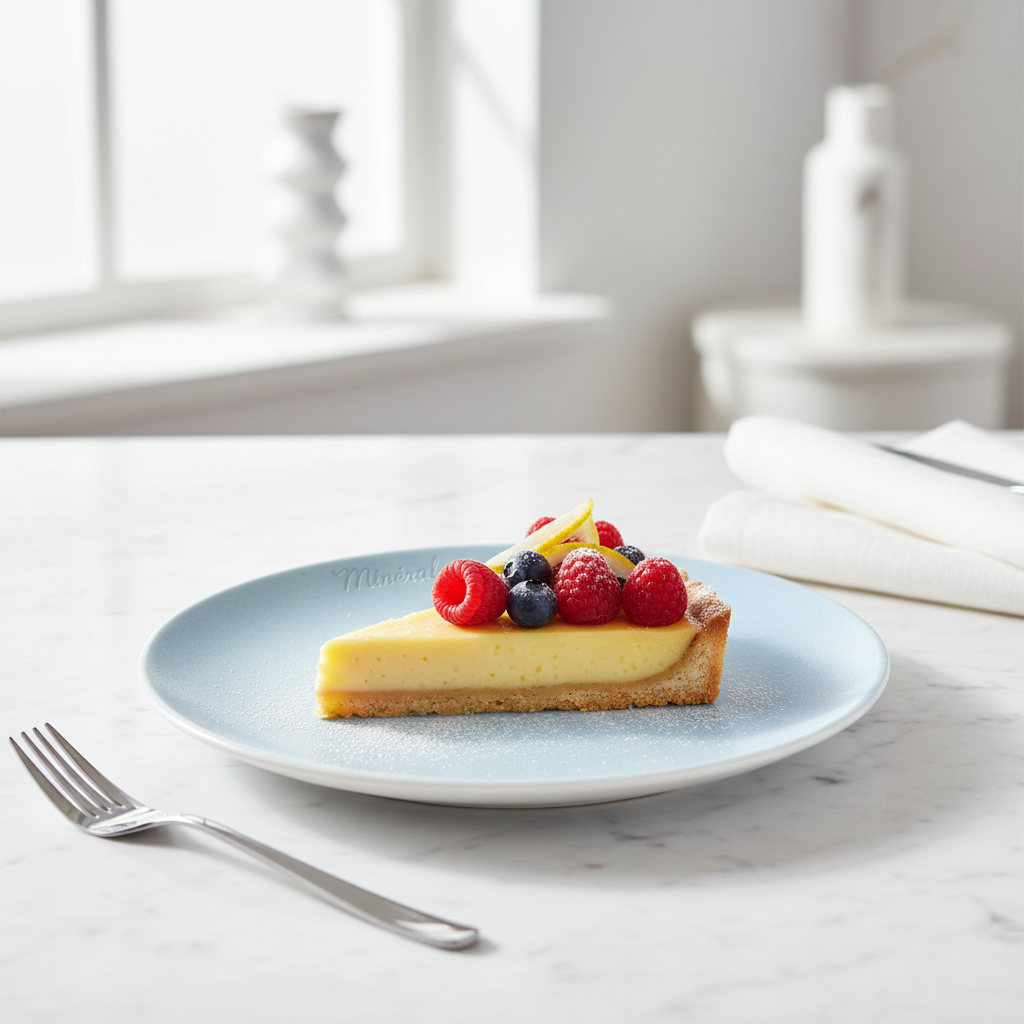 Petite assiette plate Minéral bleue 20.8cm avec tarte citron sur marbre