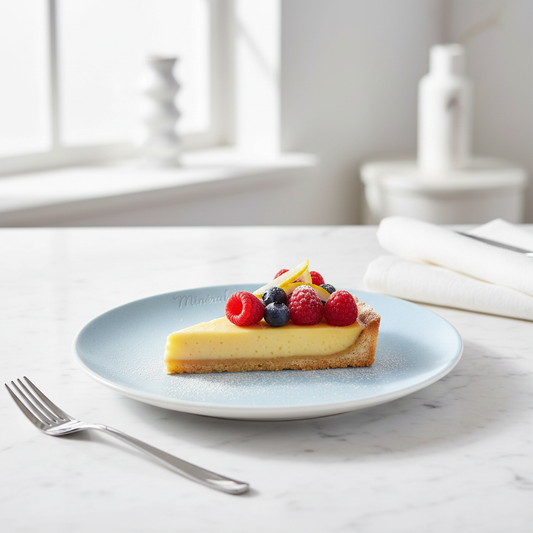 Petite assiette plate Minéral bleue 20.8cm avec tarte citron sur marbre