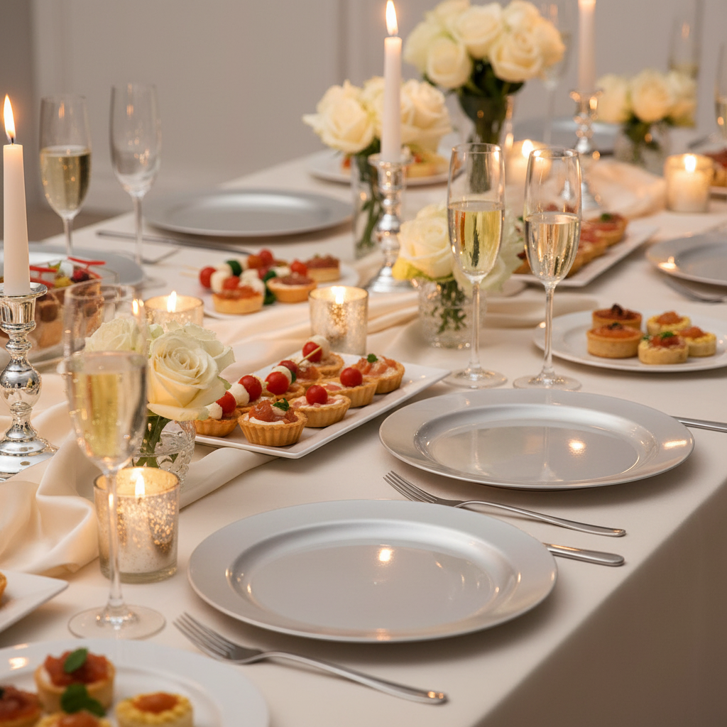 Assiettes rondes argentées 24 cm sur buffet mariage gala avec roses blanches et coupes de champagne