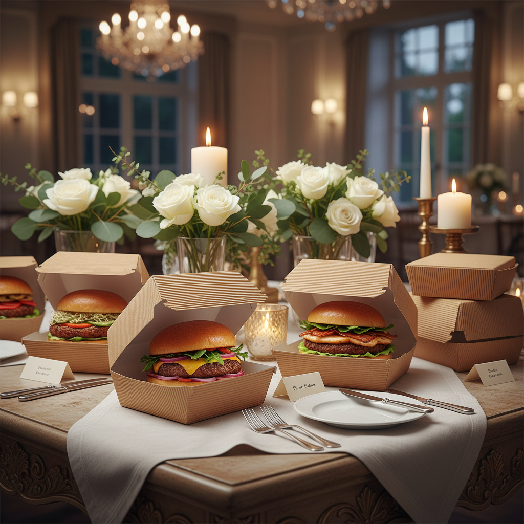 Boîte burger kraft ondulée – buffet festif élégant