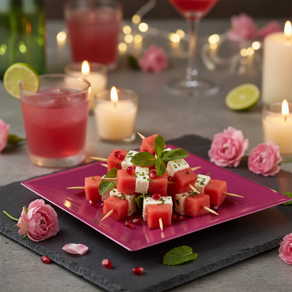 Assiette carrée rose magenta 24 cm avec pastèque féta et grenade sur ardoise, cocktail festif