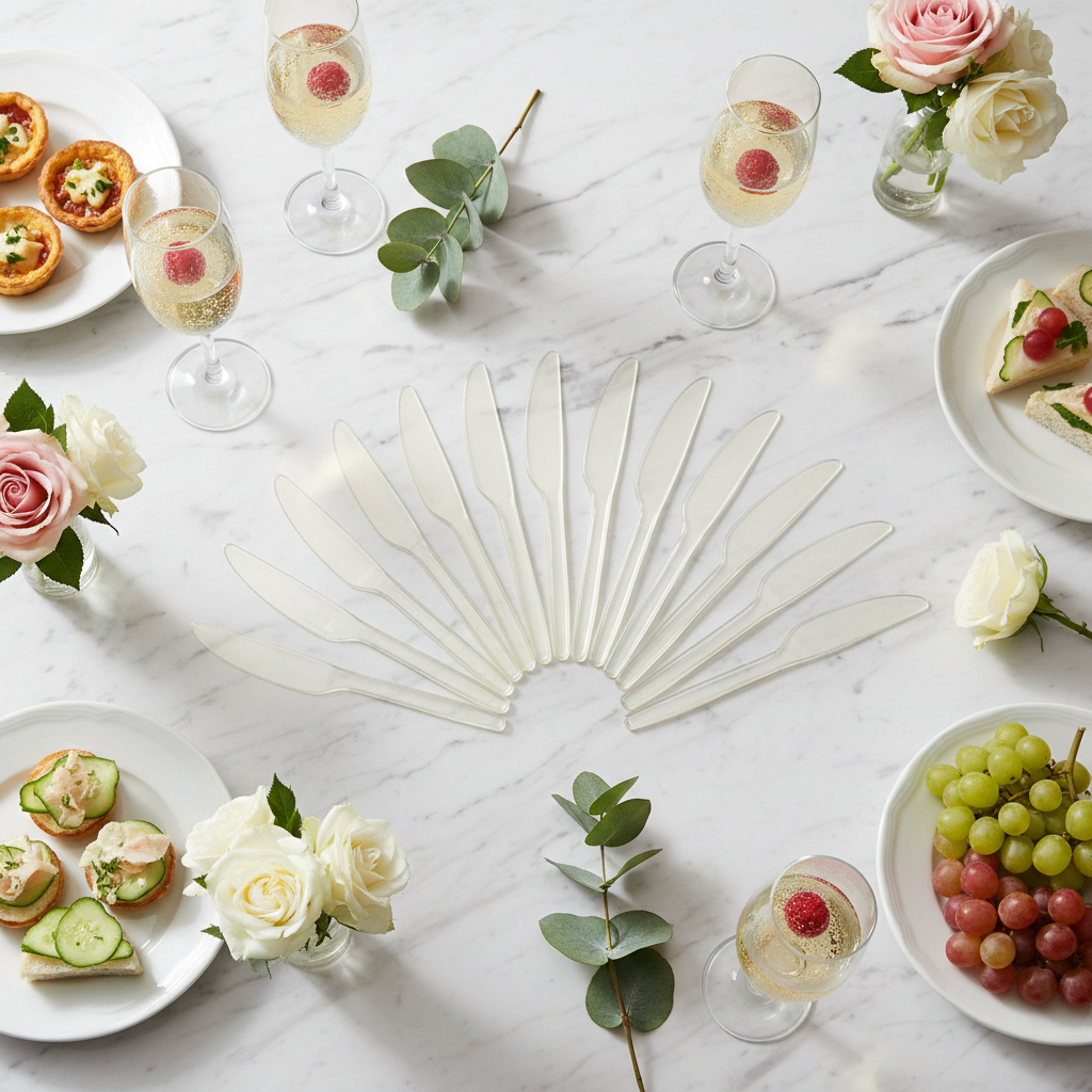 Couteaux jetables Eugeni ivoire sur marbre blanc avec champagne et fleurs
