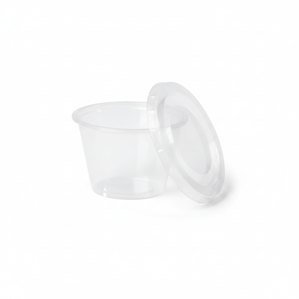 Pot à coulis en PET cristal transparent 500 ml, photo studio sur fond blanc
