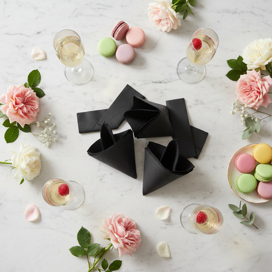 Serviettes noires biodégradables sur marbre blanc avec champagne et macarons