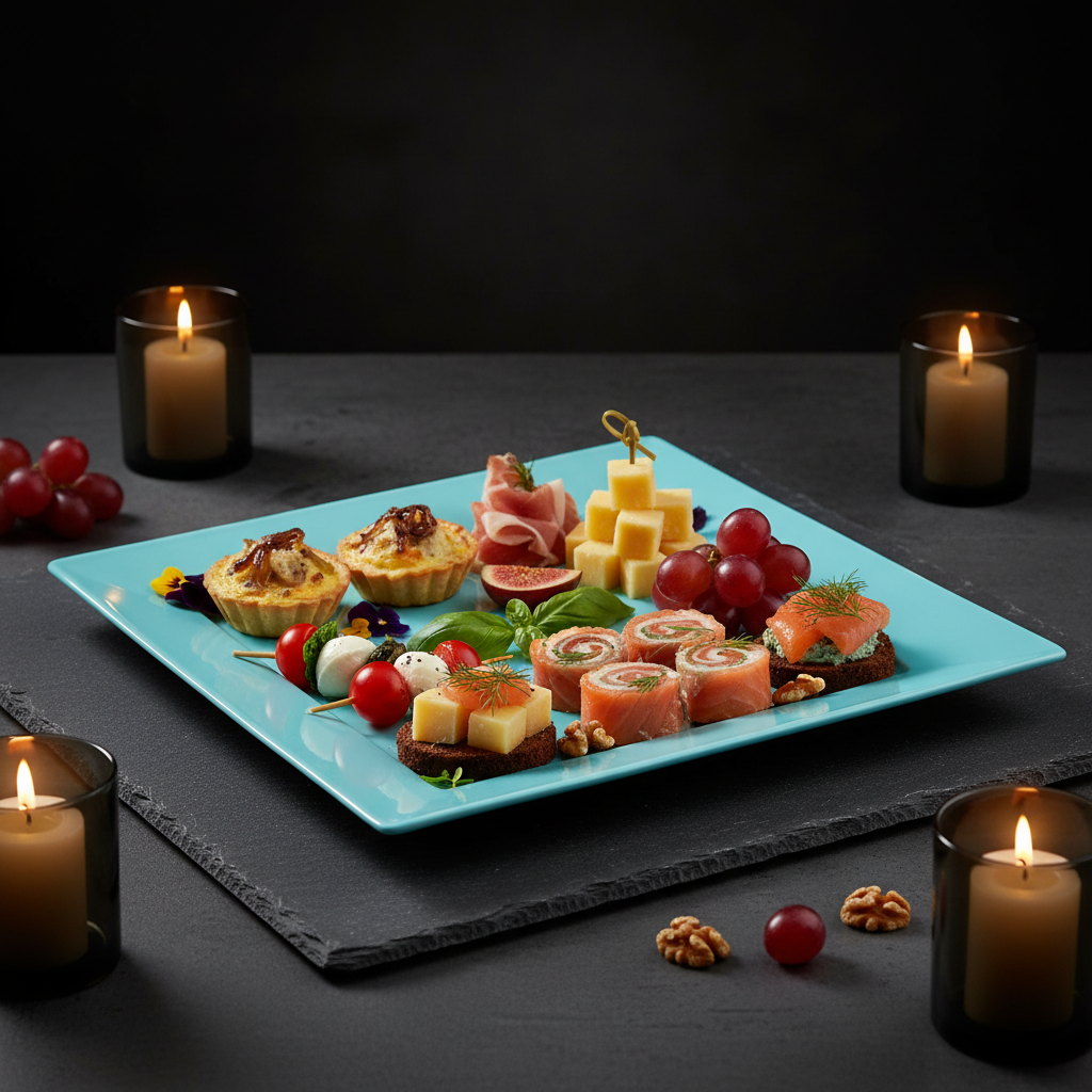 Assiette carrée turquoise 24cm sur ardoise avec canapés élégants