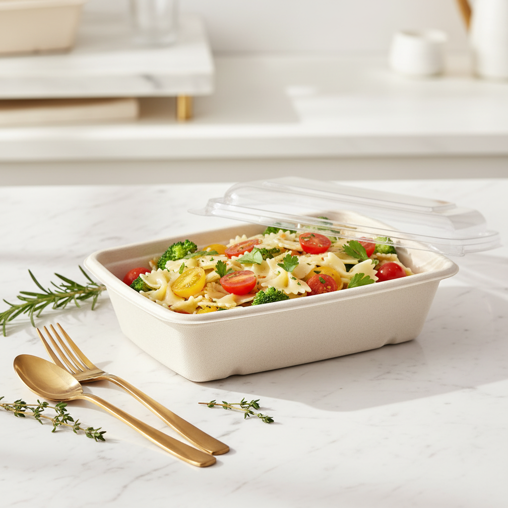 Barquette bagasse blanche couvercle transparent – mise en situation sur marbre avec salade de pâtes