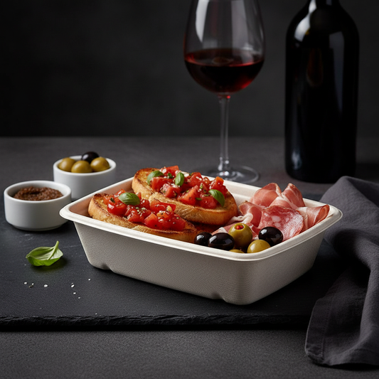 Barquette bagasse blanche couvercle transparent – mise en situation apéritif sur ardoise