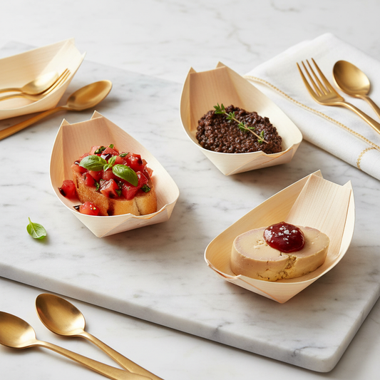 Barquettes bois écologiques avec can apés variés sur marbre blanc, cocktail premium