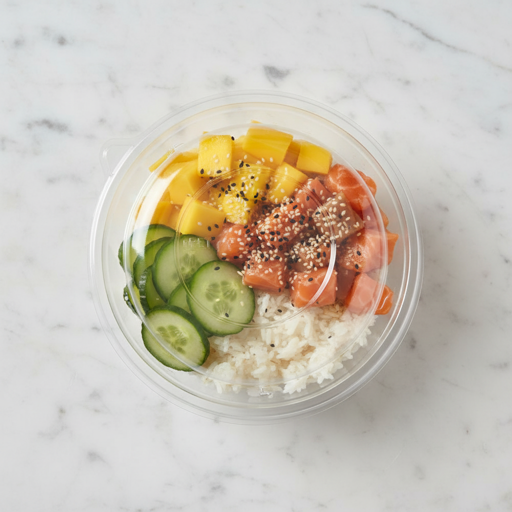 Couvercle rPET dôme sur poke bowl marbre flat lay