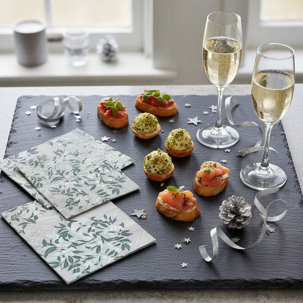Serviettes Perles d'Hiver Argent - mise en situation apéritif ardoise