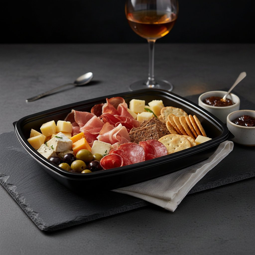 Barquette rectangulaire noire bord large – mise en situation apéritif sur ardoise