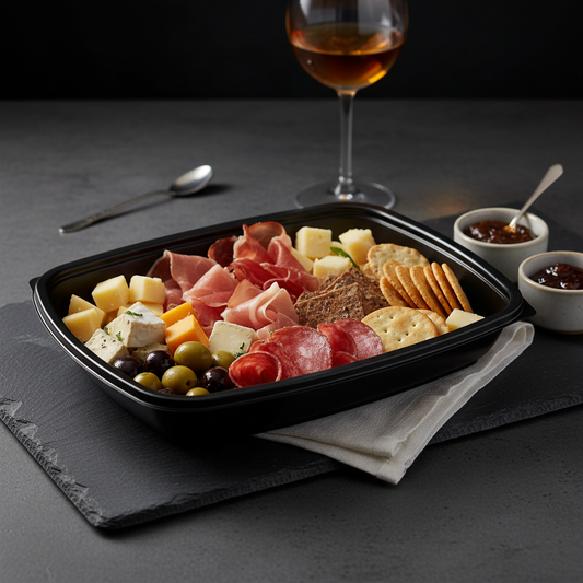 Barquette rectangulaire noire bord large – mise en situation apéritif sur ardoise