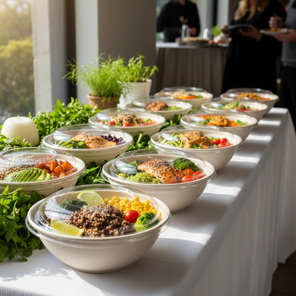 Couvercles rPET Buddha bowls buffet traiteur événementiel