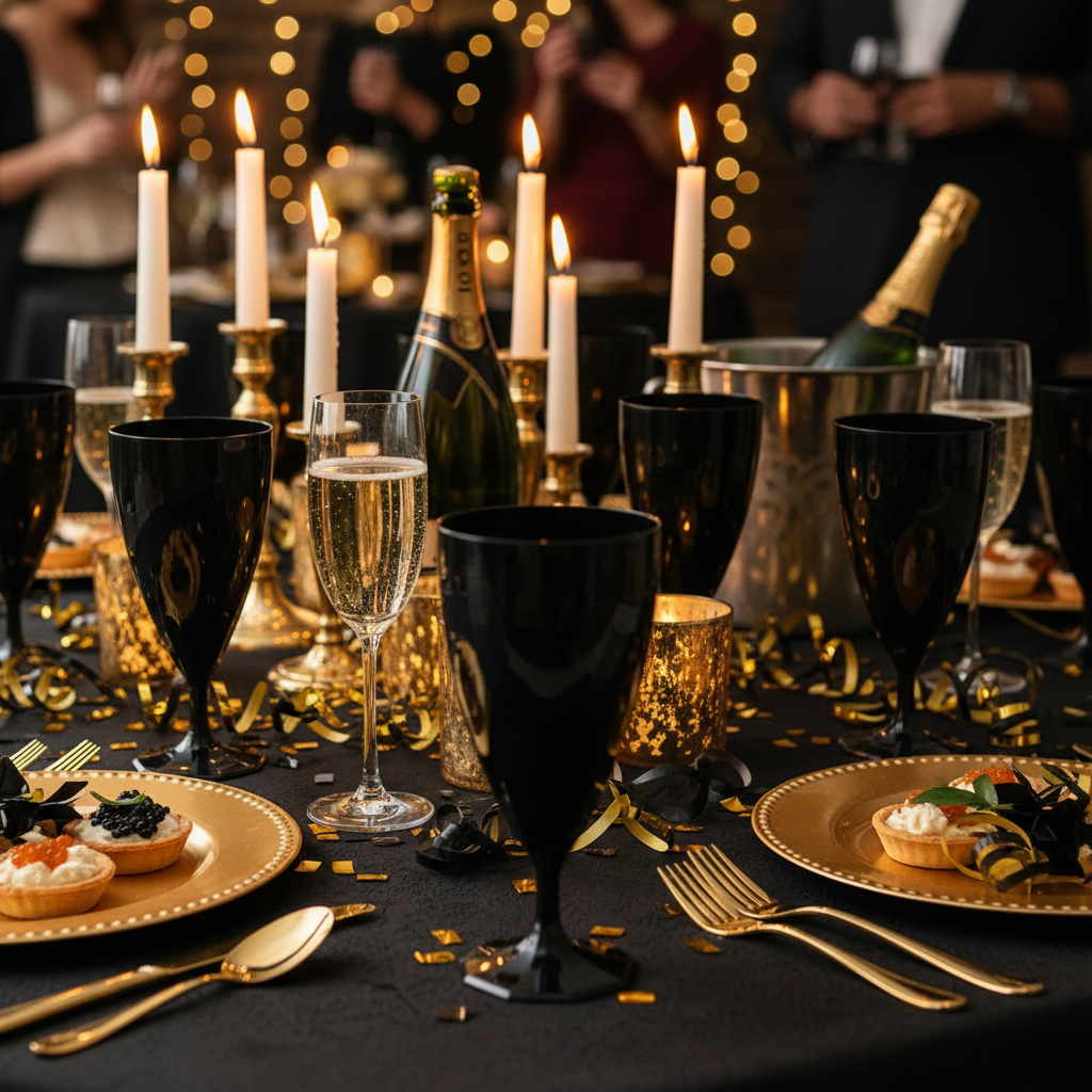 Verres noir ébène torsadés sur buffet gala Nouvel An noir et or