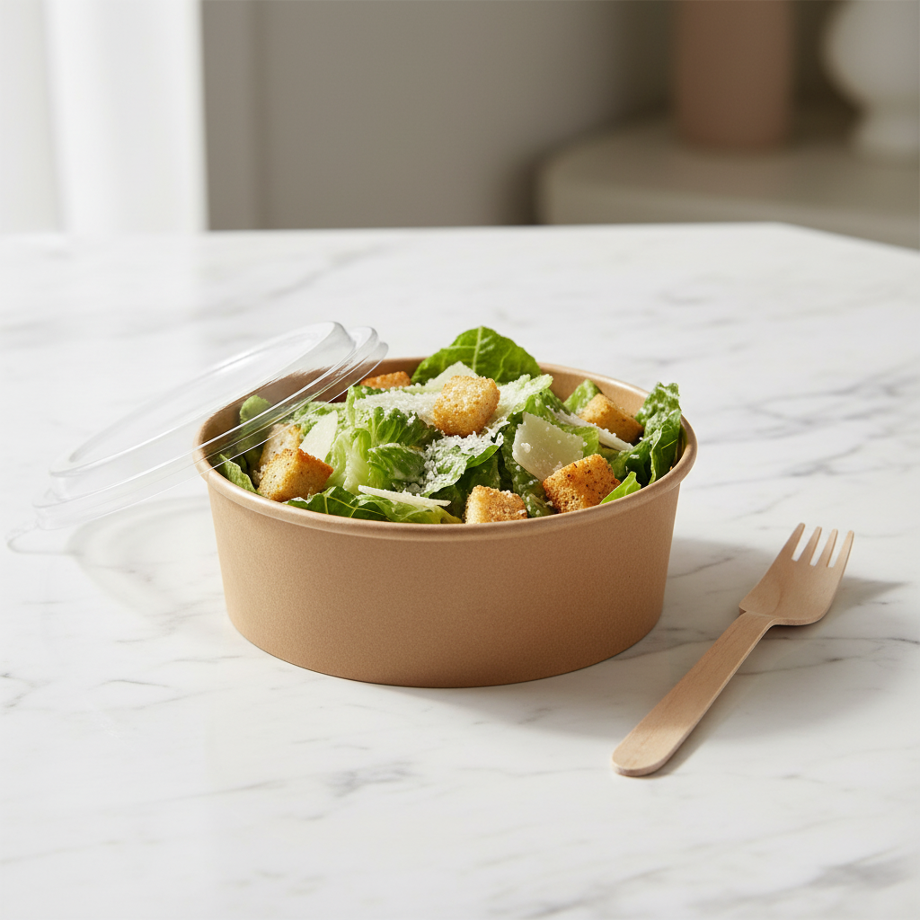 Saladier kraft 1000ml sur marbre avec salade gourmet