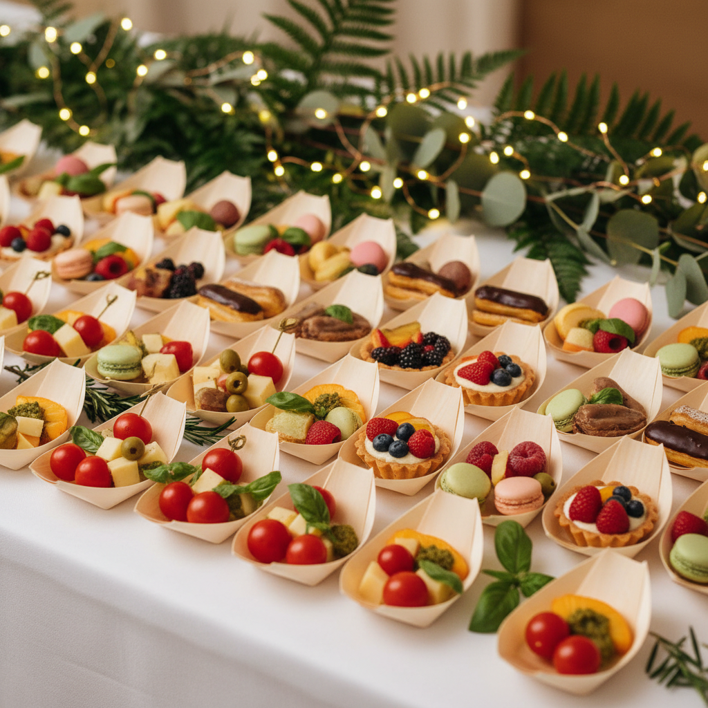 Barquettes bois pirogue sur buffet mariage avec tapas et décorations lumineuses