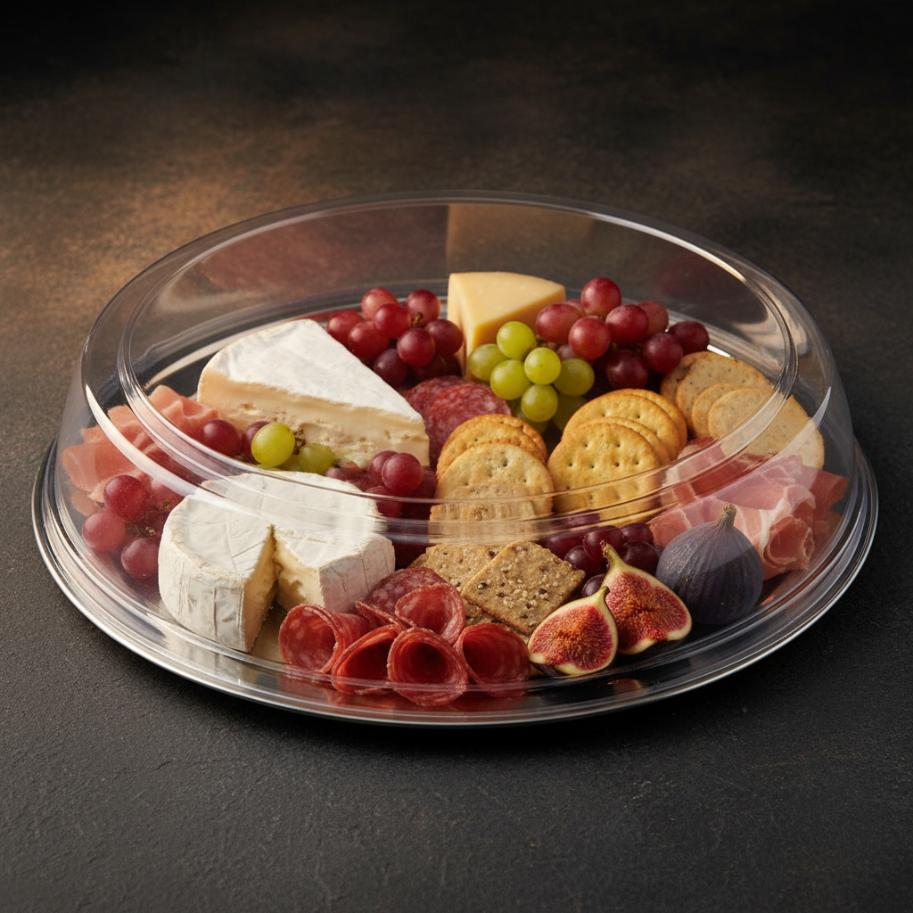 Couvercle dôme rPET plateau rond charcuterie fromage traiteur