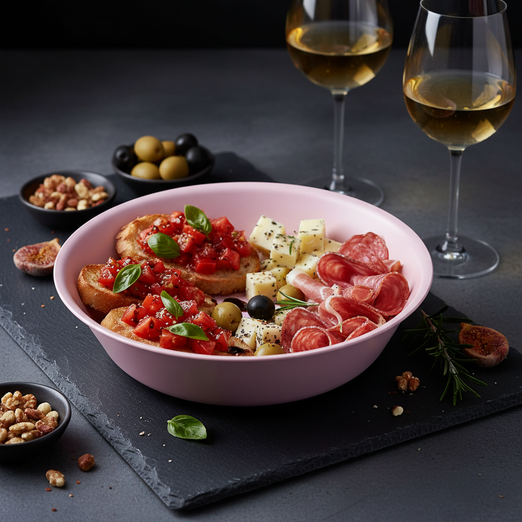 Assiette creuse rose sur ardoise avec apéritif élégant
