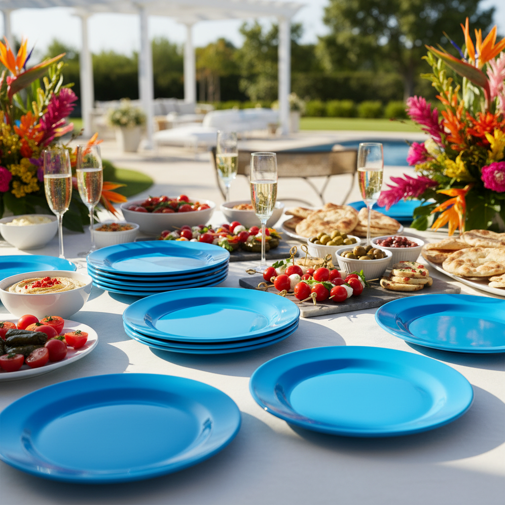 Assiettes rondes bleu turquoise 24 cm sur buffet festif estival méditerranéen avec champagne