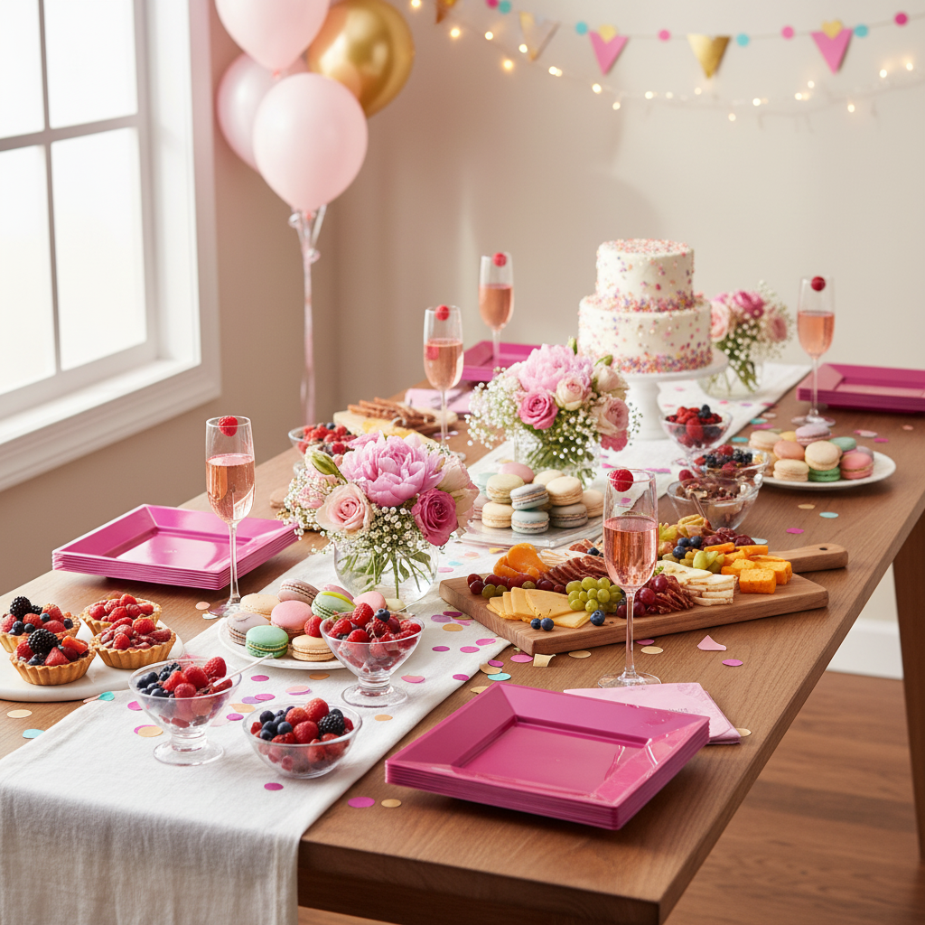 Assiettes carrées rose magenta 24 cm sur buffet anniversaire bachelorette avec macarons et champagne