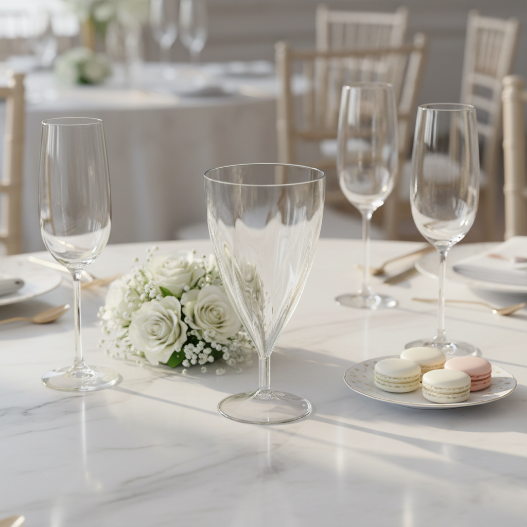 Verre à eau torsadé cristal 20cl sur marbre blanc avec fleurs et macarons