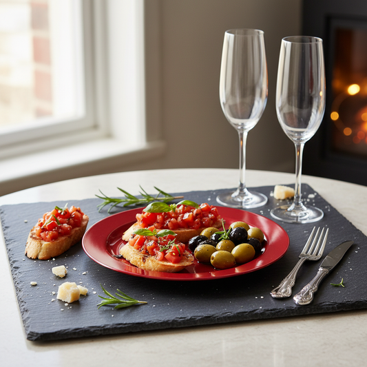 Assiette rouge carmin - mise en situation apéritif ardoise