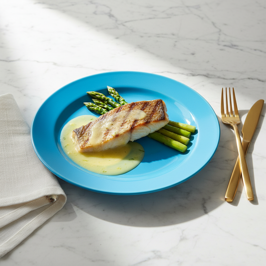 Assiette ronde bleu turquoise 24 cm avec bar grills beurre citron et asperges sur marbre blanc