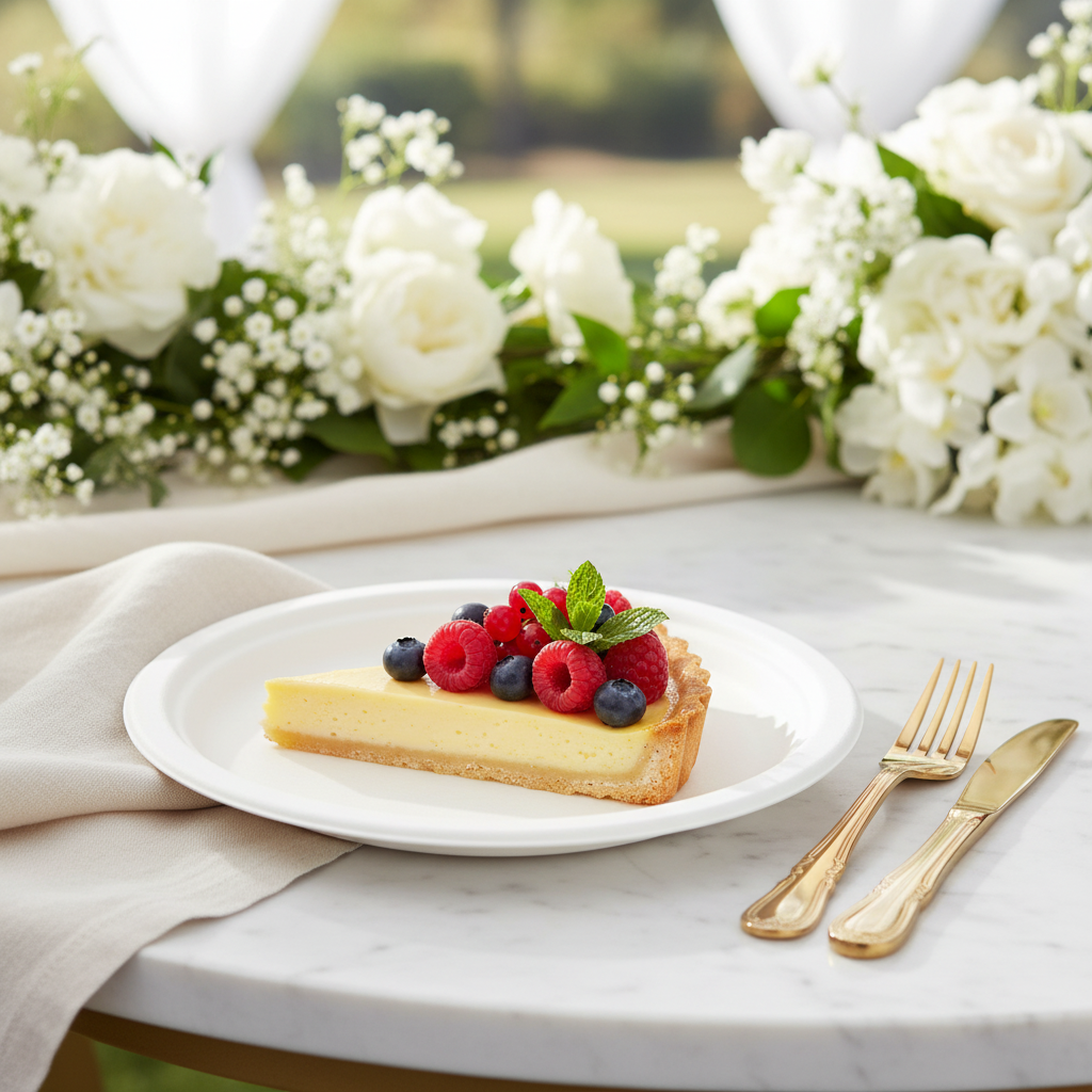 Assiette ronde canne à sucre 18 cm avec tarte citron et fruits rouges sur marbre blanc, réception mariage