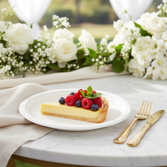 Assiette ronde canne à sucre 18 cm avec tarte citron et fruits rouges sur marbre blanc, réception mariage