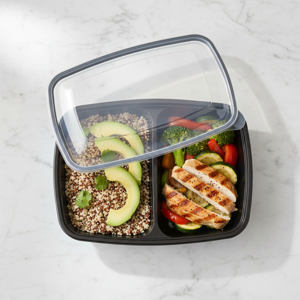 Boîte noire 2 compartiments couvercle PP repas marbre flat lay