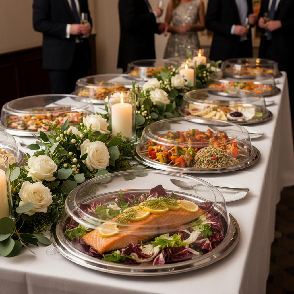Couvercles dôme rPET plateaux ronds buffet festif événementiel