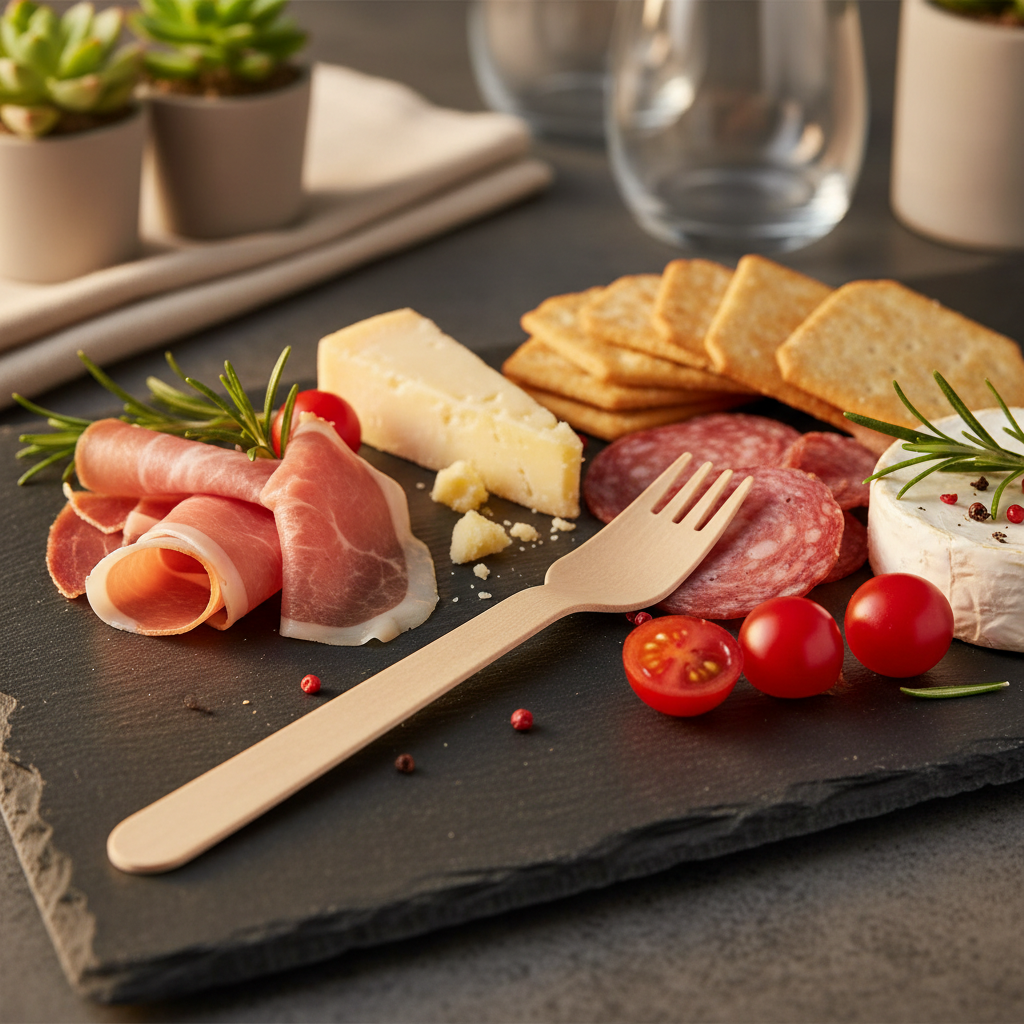 Fourchette bois bouleau sur ardoise apéritif élégant