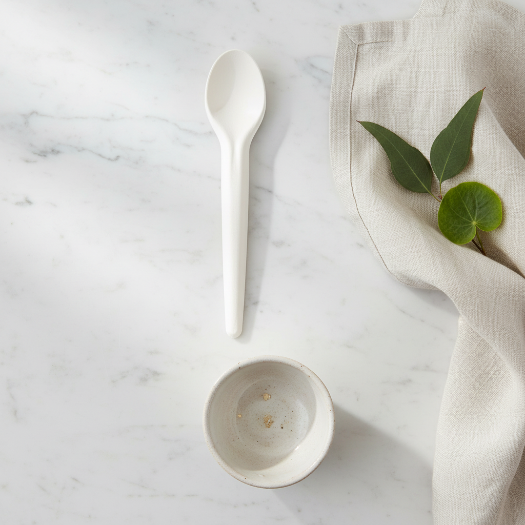 Cuillère carton blanc bio sur marbre table éco-luxe
