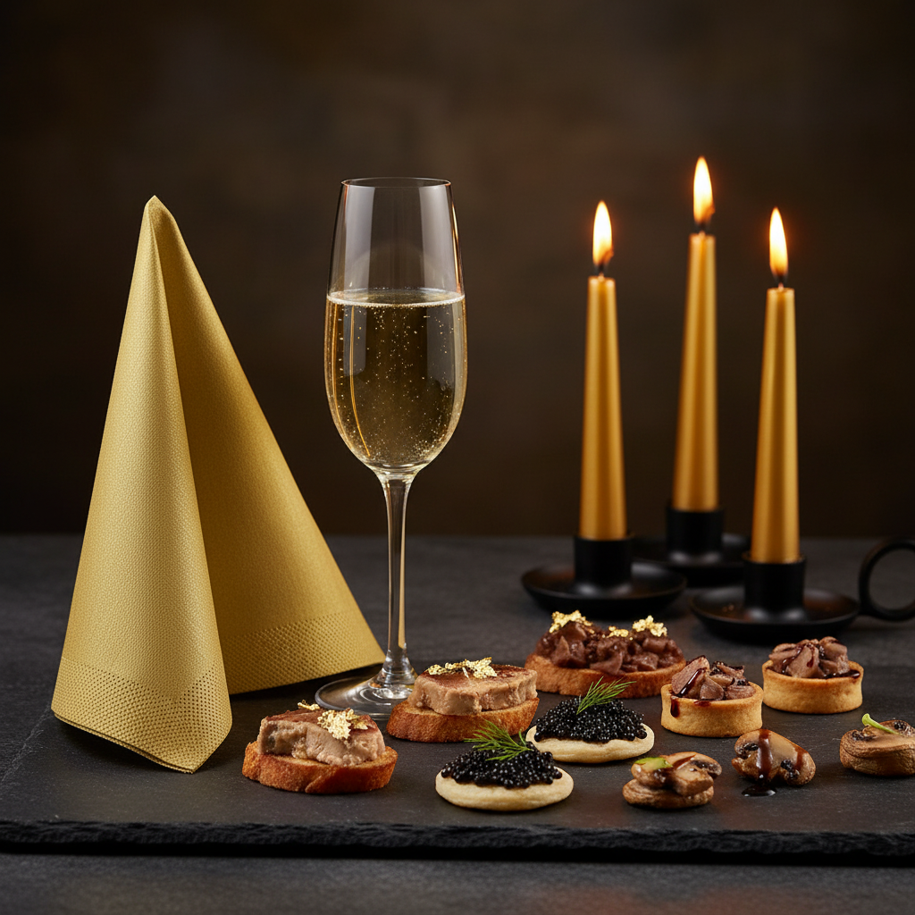 Serviette or intissée sur ardoise apéritif gala avec champagne et bougies dorées