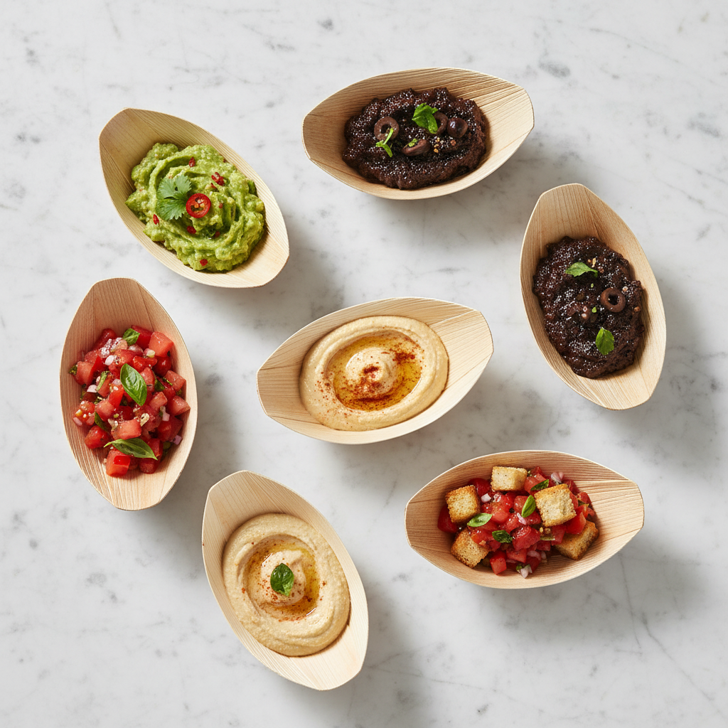 Coupelles pirogue palmier mini apéritifs marbre flat lay