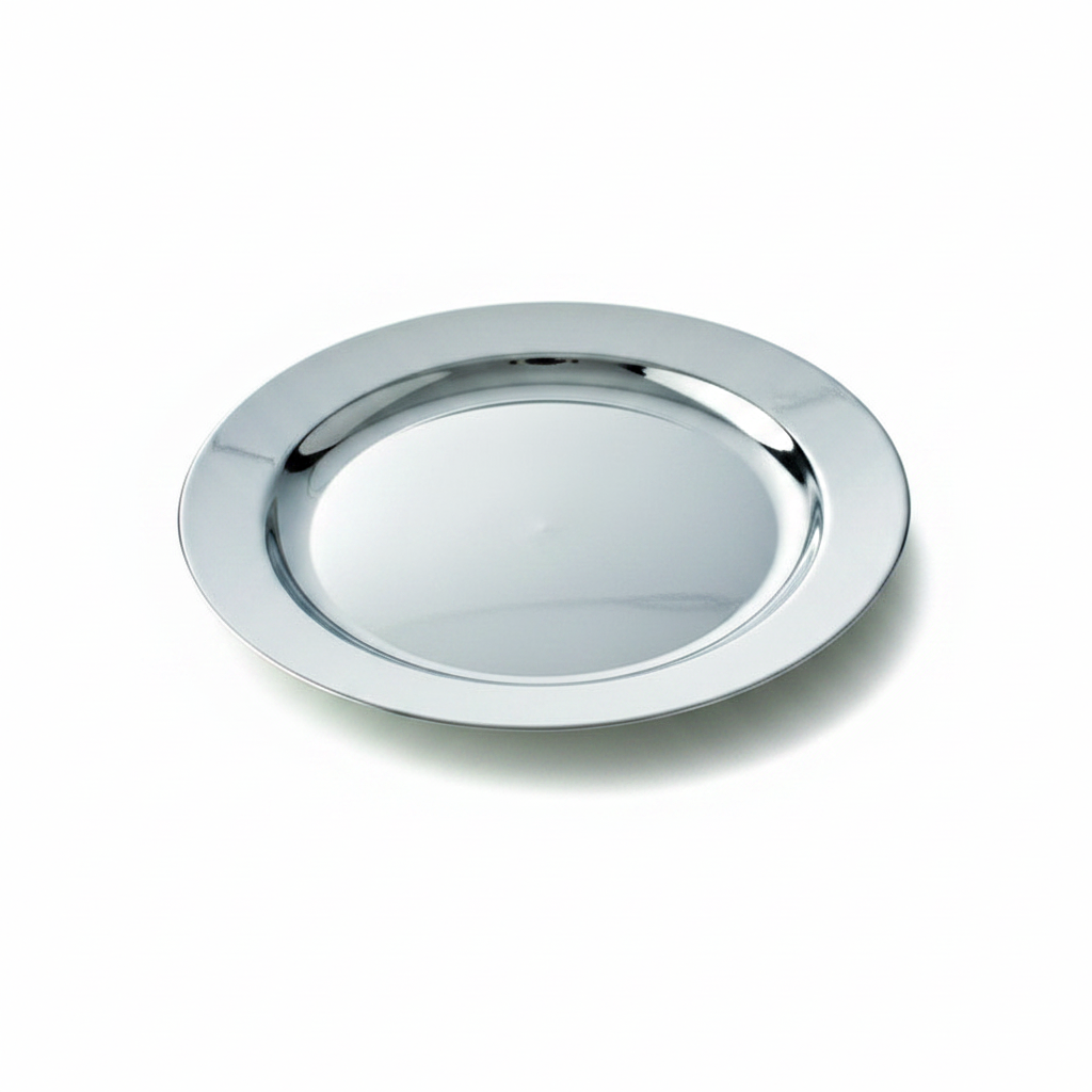 Assiette réutilisable mariage ronde 24 cm argent recyclable, photo studio fond blanc, packshot produit