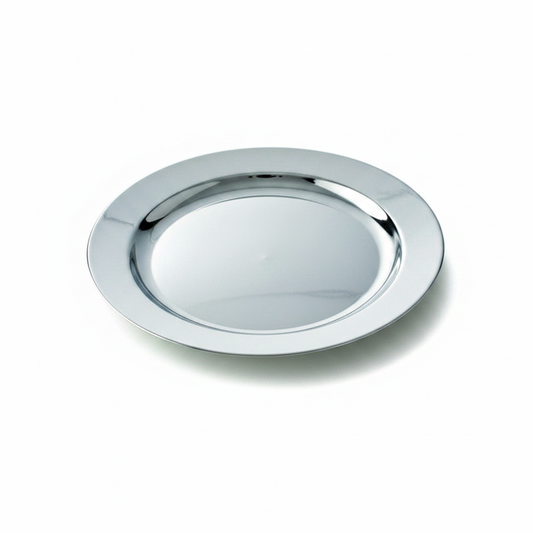 Assiette réutilisable mariage ronde 24 cm argent recyclable, photo studio fond blanc, packshot produit
