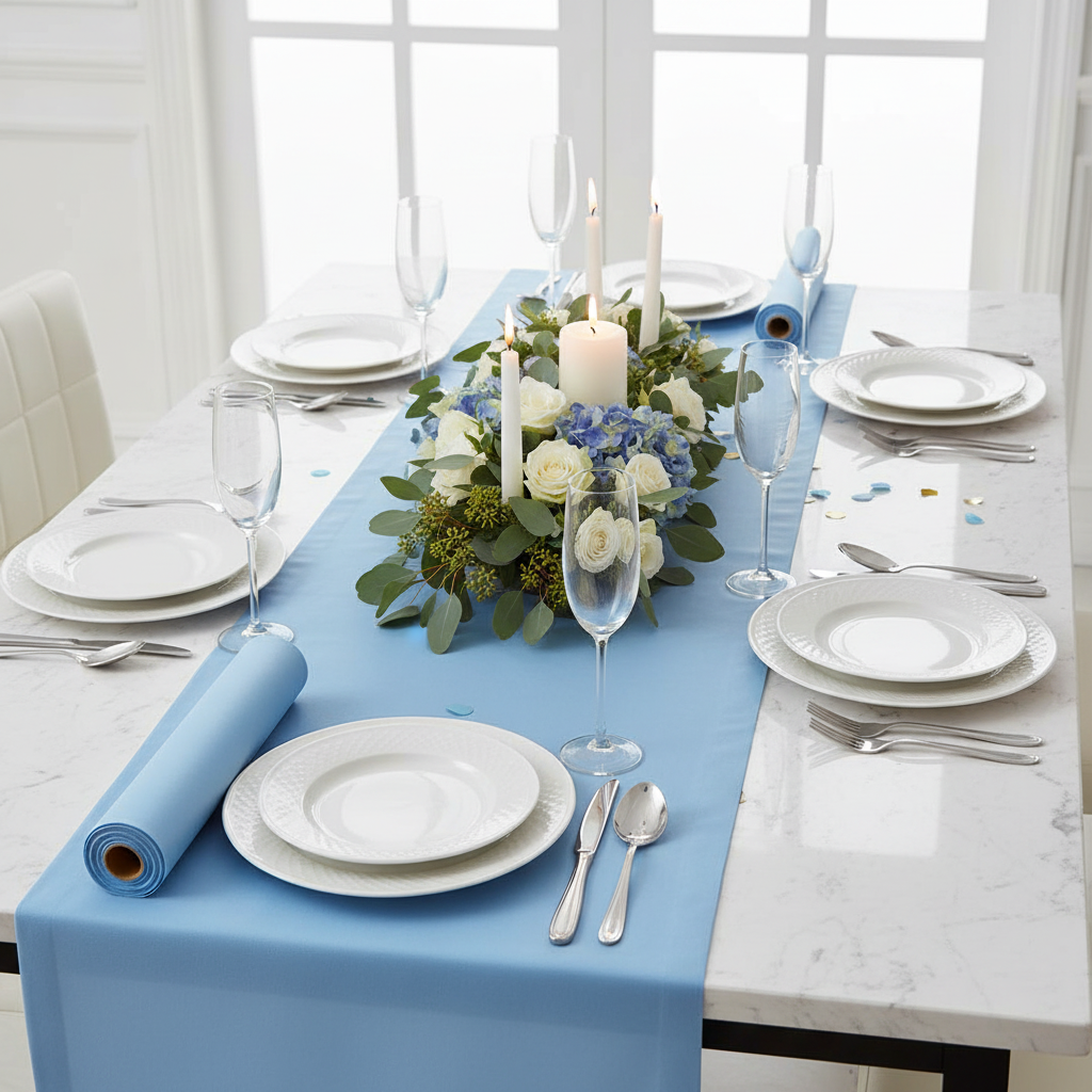 Nappe bleu ciel sur table marbre dîner festif